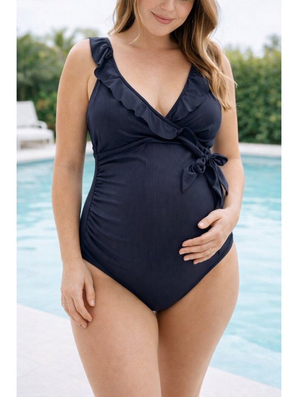 Black Ribbed Maternity Swimsuit Ruffle V Neck Side Tie Knot One Piece Ruched L